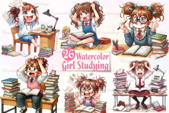 Download Watercolor Girl Studying Clipart - Study Collection