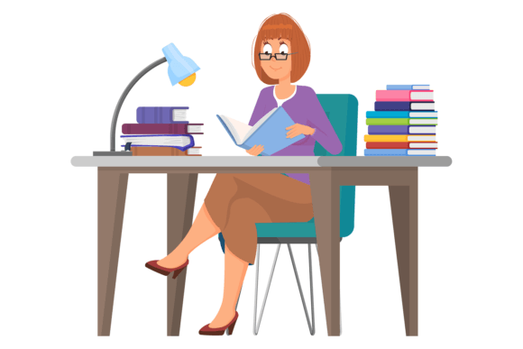Download Woman Studying at Desk with Book Stacks. - Premium Bundle